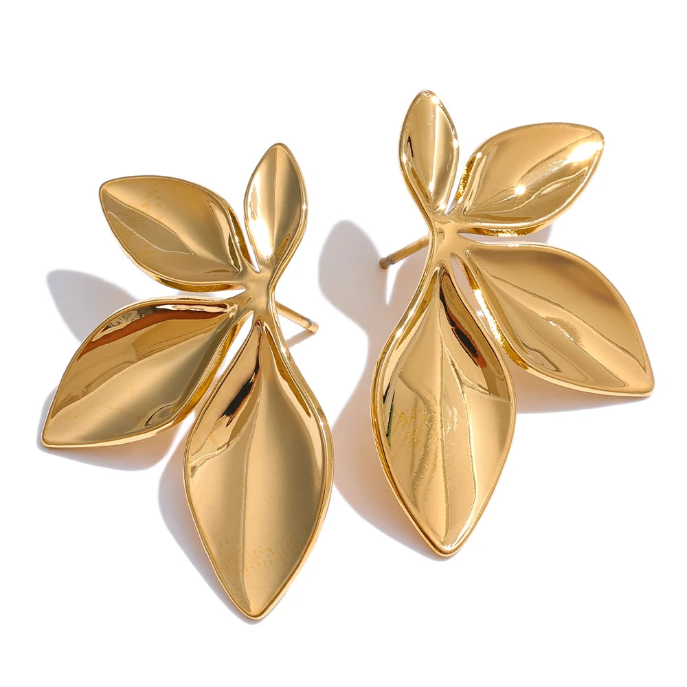 Stainless Steel Leaf & Flower Stud Earrings – Bright, Waterproof & Hypoallergenic Jewelry for Women