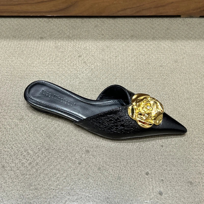 2025 Women’s Floral Pointed-Toe Mules – Elegant Slingback Flat Slippers, Summer Luxury Slides for Women