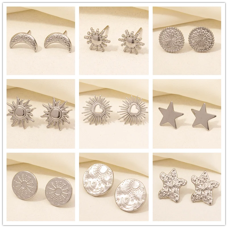 6PC Sun, Moon & Star Stainless Steel Earrings Set – Silver Color, Personality Fashion Jewelry for Women & Men