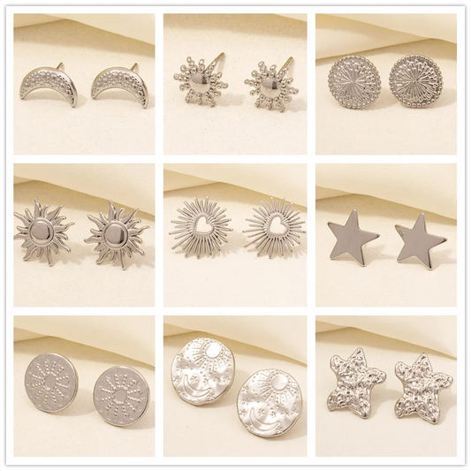 6PC Sun, Moon & Star Stainless Steel Earrings Set – Silver Color, Personality Fashion Jewelry for Women & Men