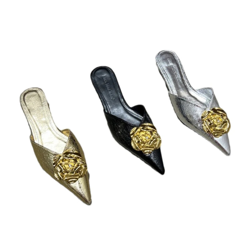 2025 Women’s Floral Pointed-Toe Mules – Elegant Slingback Flat Slippers, Summer Luxury Slides for Women