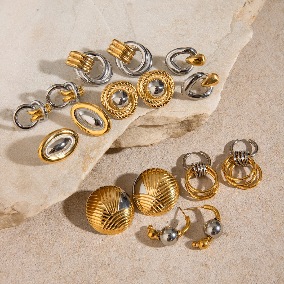 Two-Tone Fluted Square Fan Earrings – Gold & Silver Color Art Deco Revival Design