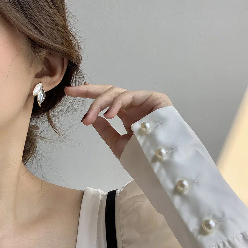 Sweet Leaf Stud Earrings for Women – Fresh Blue & White Plant Ear Studs | Exquisite Metal Style Jewelry Gift