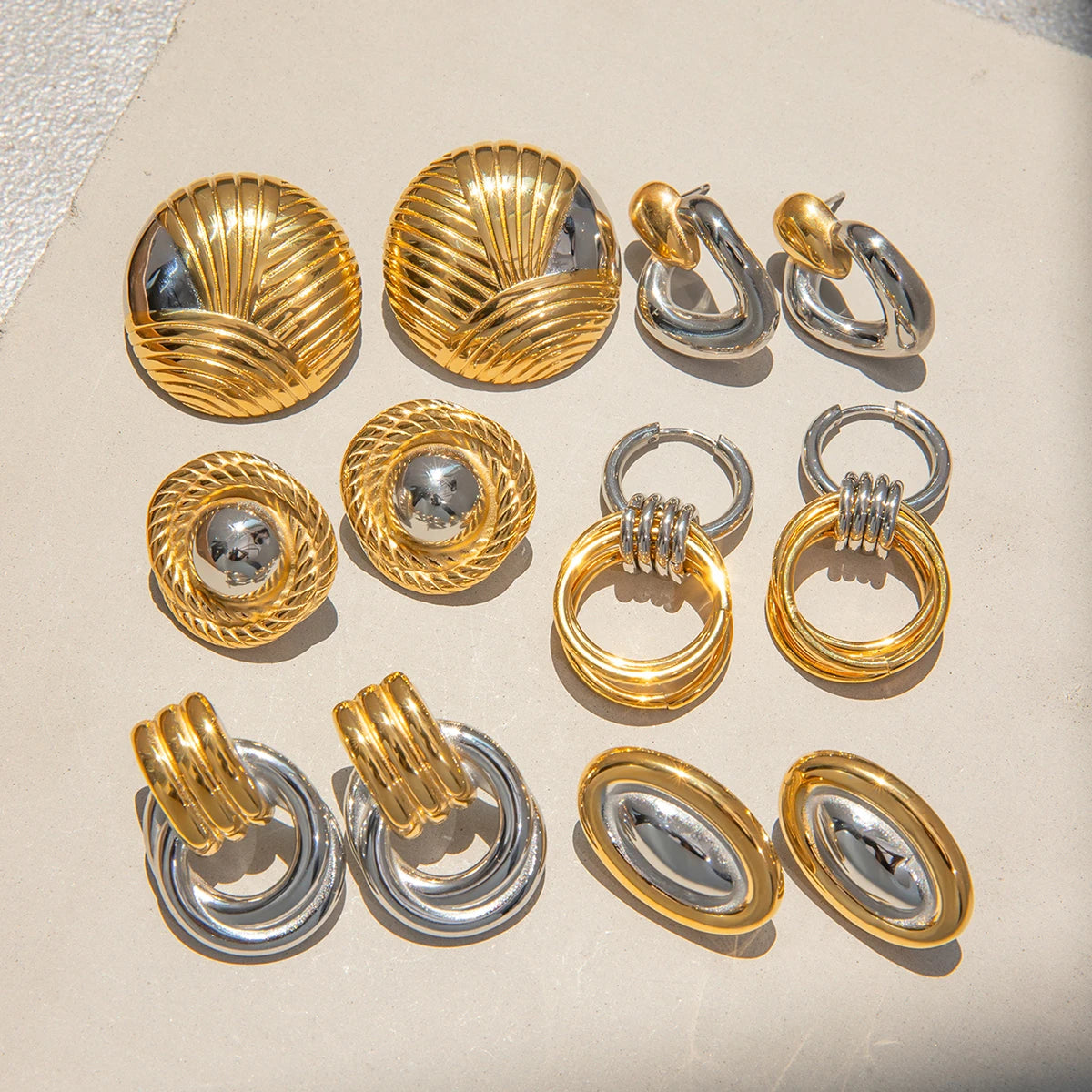 Two-Tone Fluted Square Fan Earrings – Gold & Silver Color Art Deco Revival Design