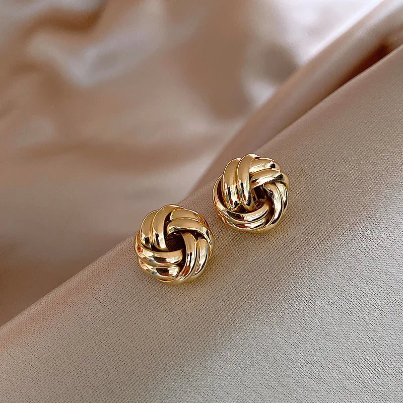New Hip-Hop Punk Metal Knot Ball Stud Earrings – Gold Twisted Style for Women