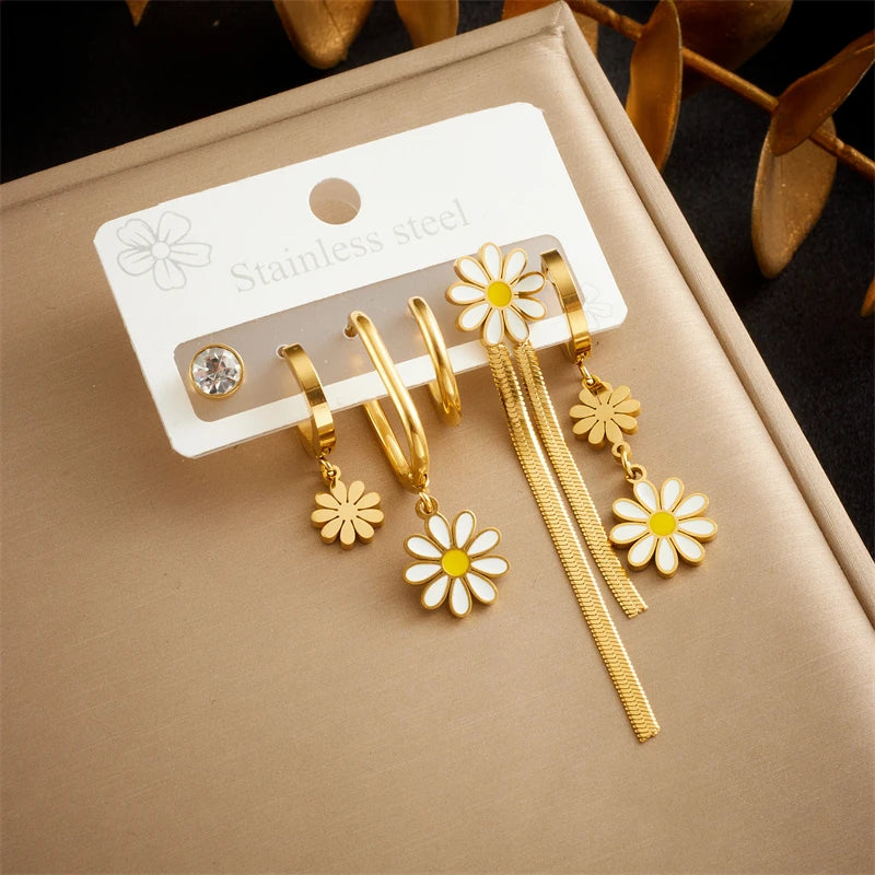 Golden Flower, Star & Moon Series – 6-Piece Stainless Steel Earring Set for Women