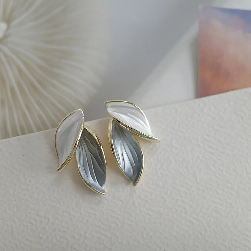 Sweet Leaf Stud Earrings for Women – Fresh Blue & White Plant Ear Studs | Exquisite Metal Style Jewelry Gift
