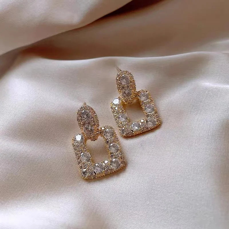 Classic Geometric White Crystal Drop Earrings – Elegant Long Square Design for Women