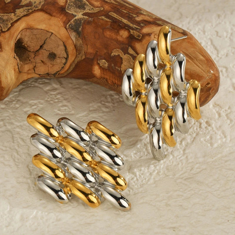 High-End Two-Tone Geometric Stud Earrings – Gold & Silver Color Stainless Steel for Women