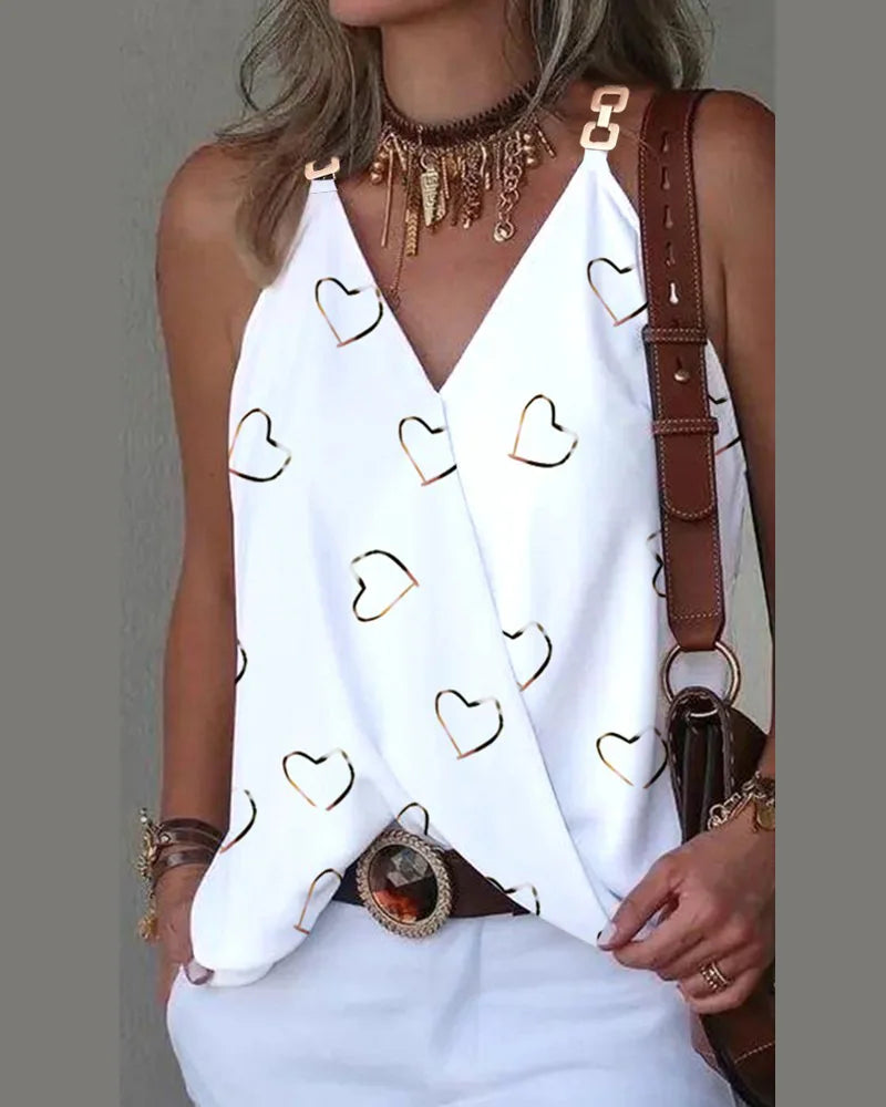 Women's  Print Sleeveless Tops Loose V Neck