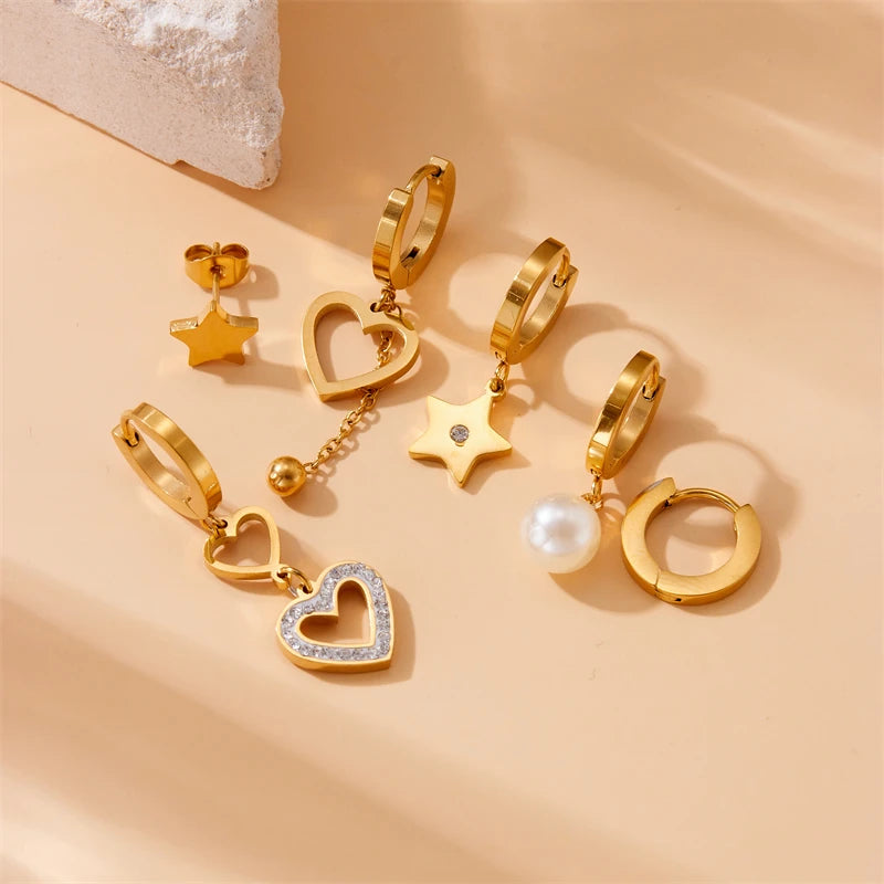 Golden Flower, Star & Moon Series – 6-Piece Stainless Steel Earring Set for Women