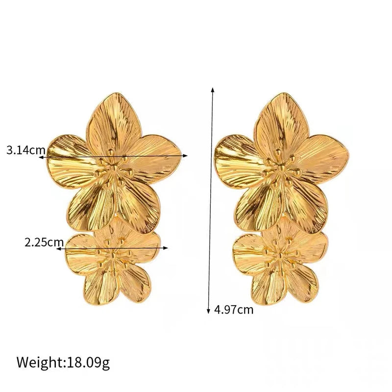Vintage Metal Flower Stud Earrings – Exaggerated Golden Elegance for Women