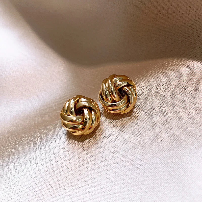New Hip-Hop Punk Metal Knot Ball Stud Earrings – Gold Twisted Style for Women