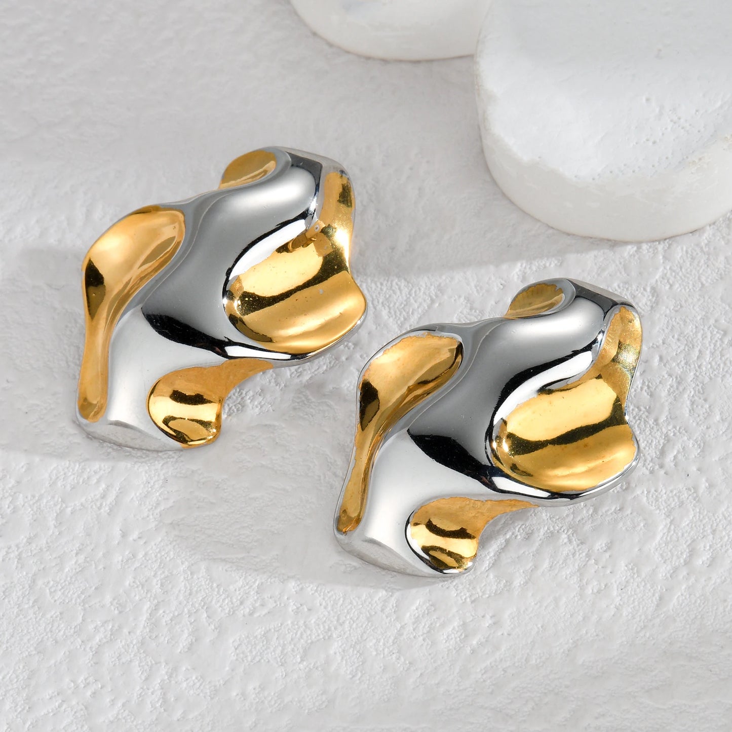 High-End Two-Tone Geometric Stud Earrings – Gold & Silver Color Stainless Steel for Women
