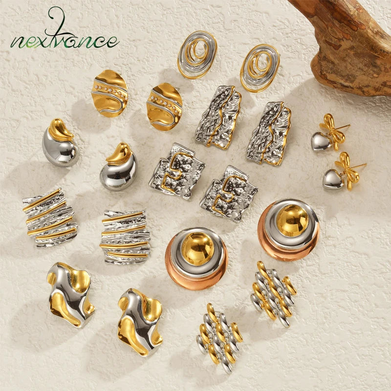 Two-Tone Heart Geometric Stud Earrings – Gold & Silver Color Stainless Steel Jewelry for Women