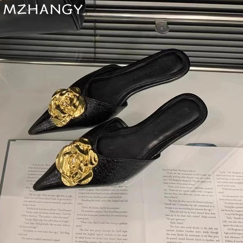 2025 Women’s Floral Pointed-Toe Mules – Elegant Slingback Flat Slippers, Summer Luxury Slides for Women