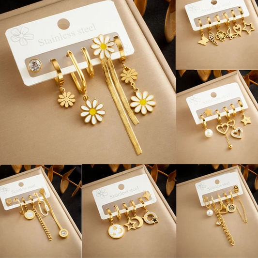 Stainless Steel Golden Flower, Star & Moon Series – 6-Piece Earring Set for Women