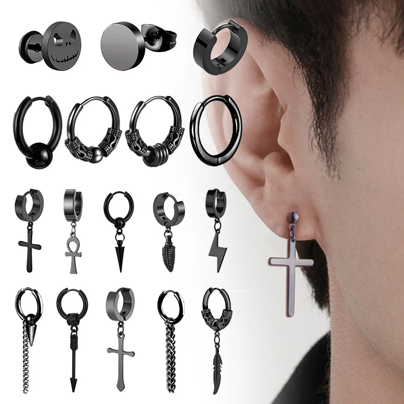 Black Stainless Steel Stud Earrings Set – Vintage Hip Hop Style for Men & Women