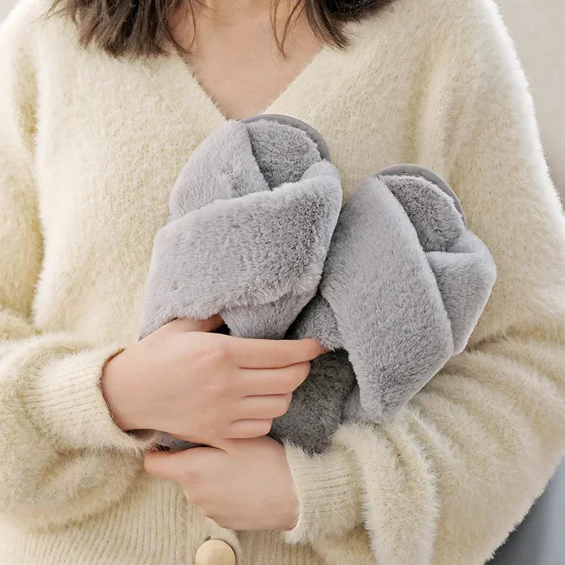 Women’s Winter Faux Fur House Slippers – Cozy Slip-On Flats, Warm Indoor Slides in Black & Pink