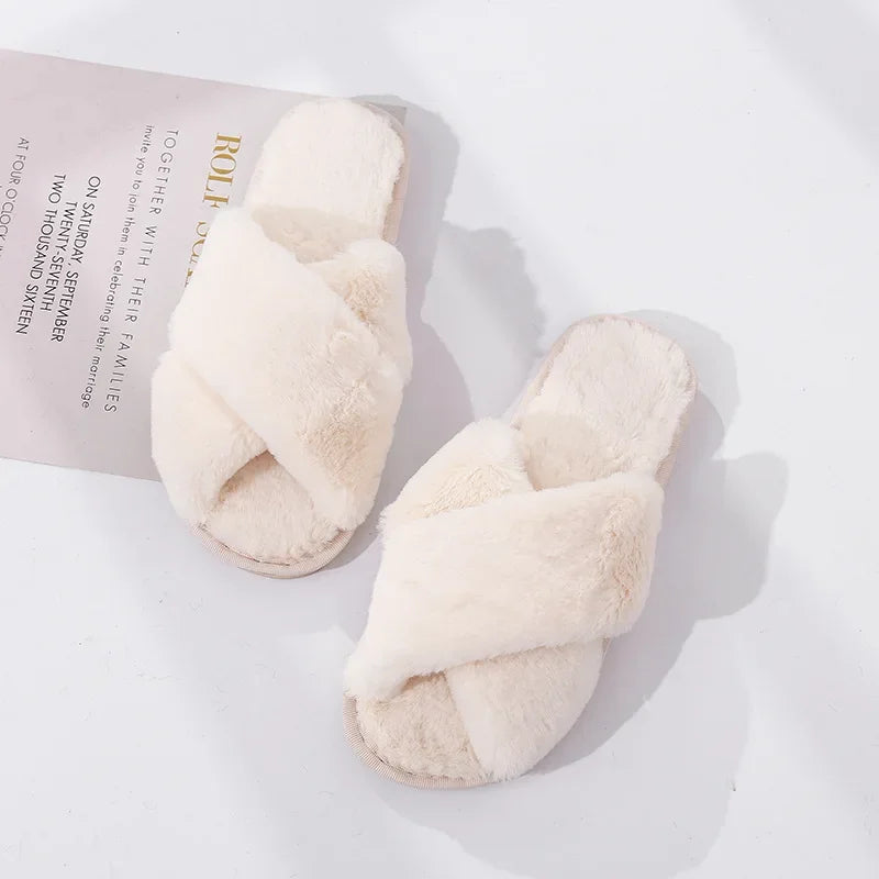 Women’s Winter Faux Fur House Slippers – Cozy Slip-On Flats, Warm Indoor Slides in Black & Pink