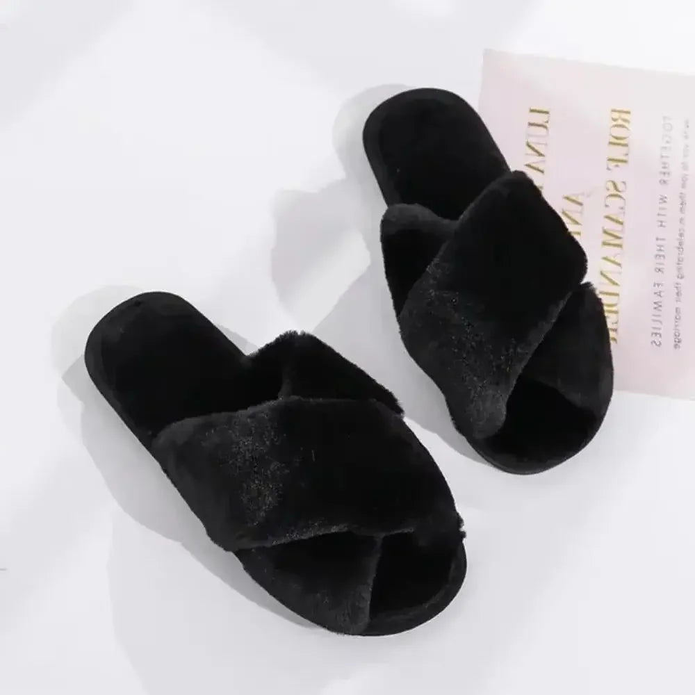 Women’s Winter Faux Fur House Slippers – Cozy Slip-On Flats, Warm Indoor Slides in Black & Pink