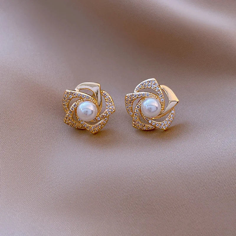 Crystal Rose Pearl Stud