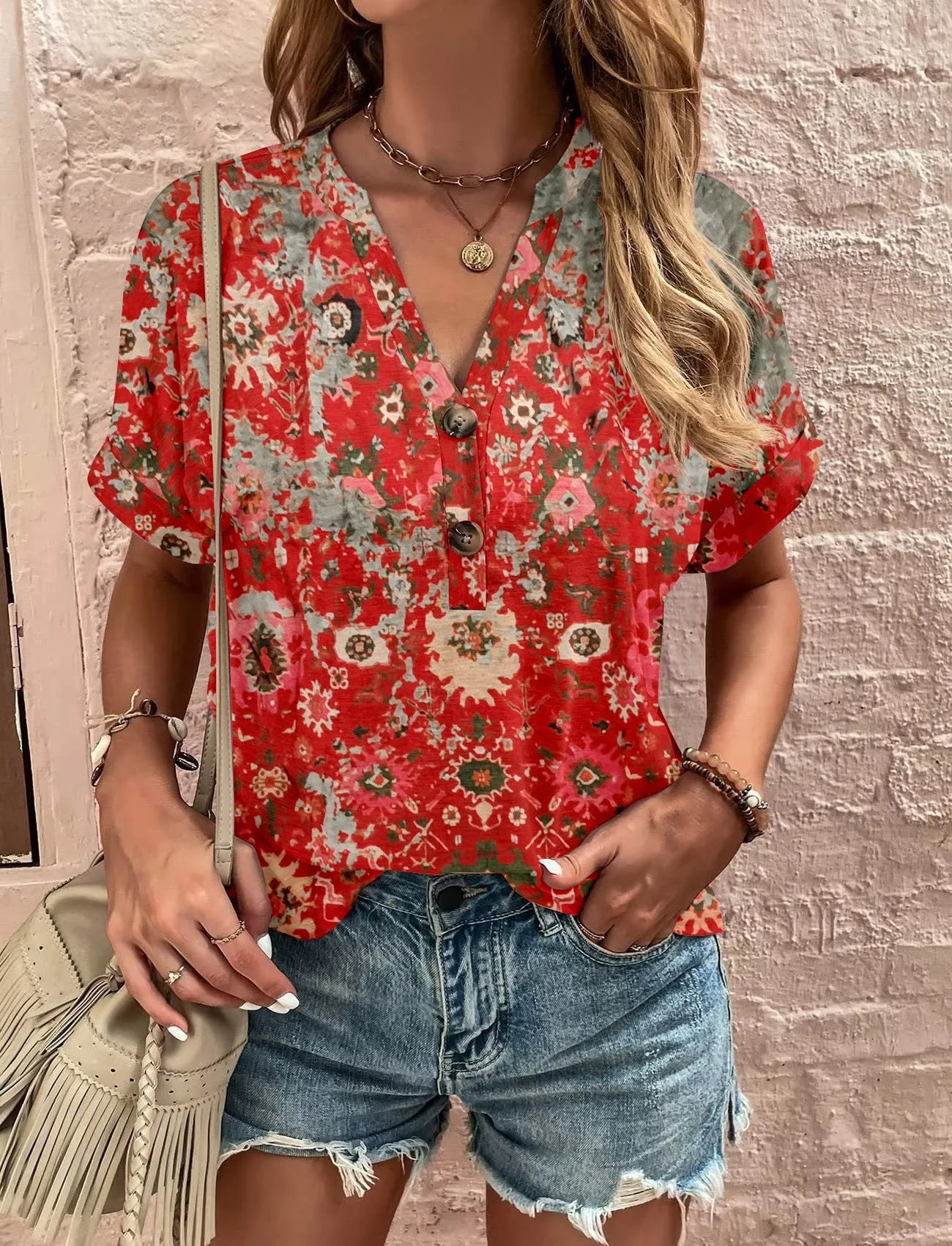 Boho Print V-Neck Shirt