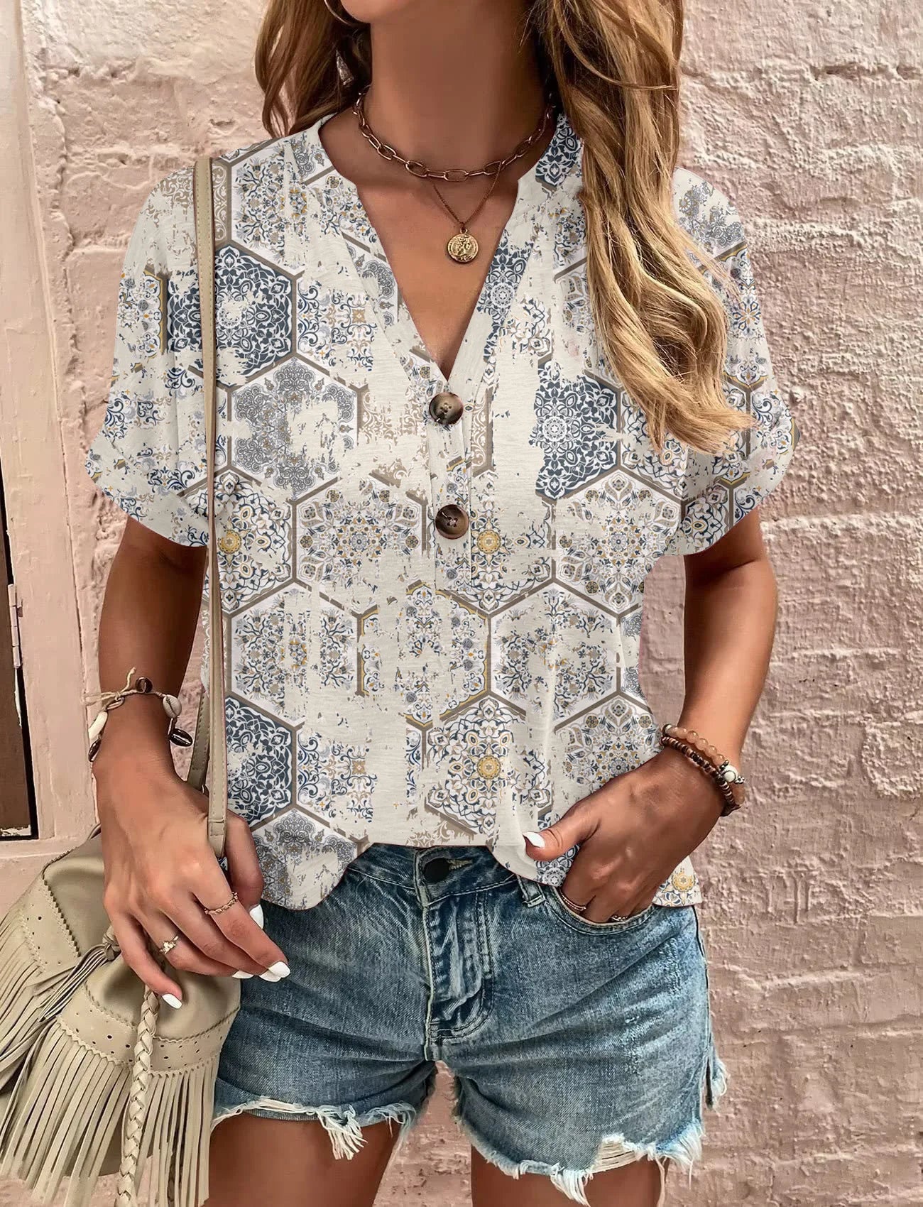 Boho Print V-Neck Shirt