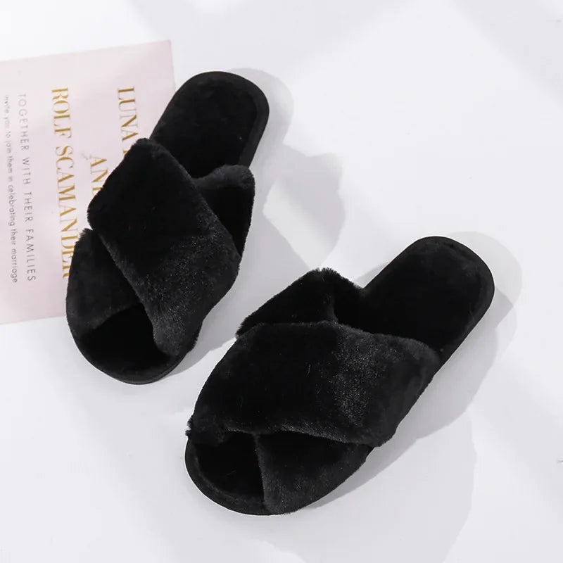 Women’s Winter Faux Fur House Slippers – Cozy Slip-On Flats, Warm Indoor Slides in Black & Pink