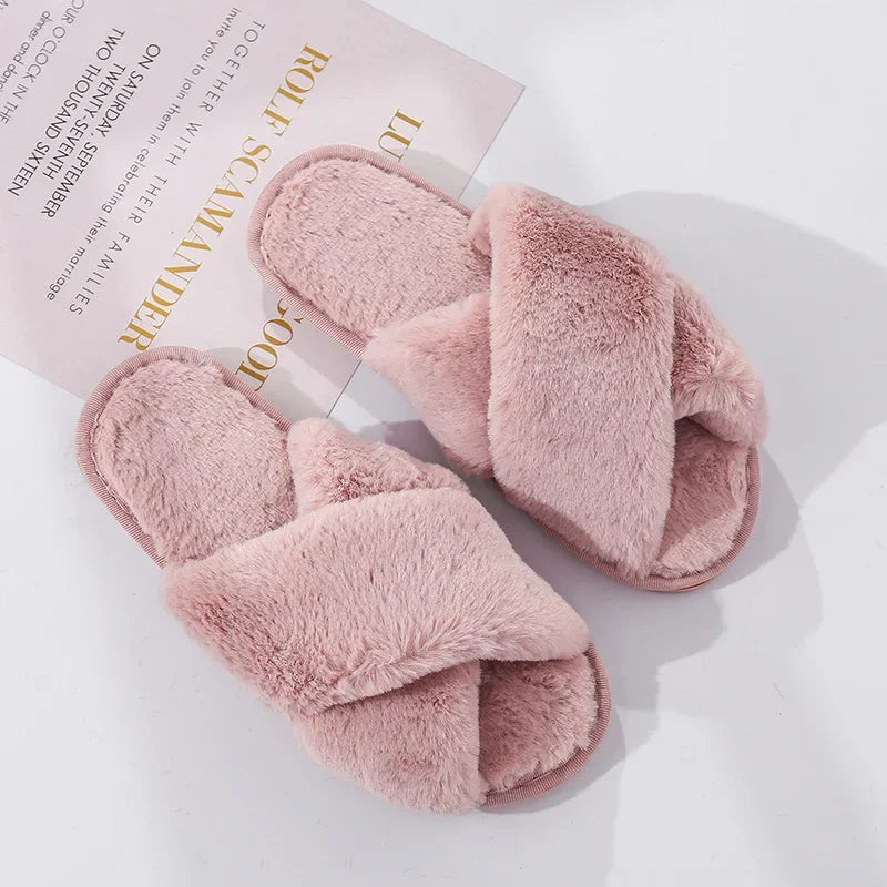 Women’s Winter Faux Fur House Slippers – Cozy Slip-On Flats, Warm Indoor Slides in Black & Pink