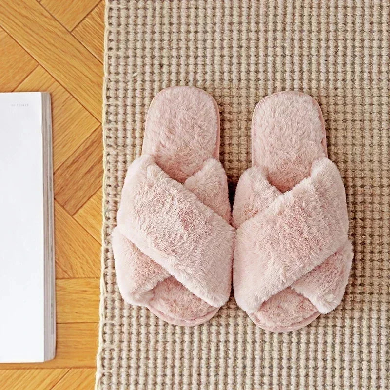 Women’s Winter Faux Fur House Slippers – Cozy Slip-On Flats, Warm Indoor Slides in Black & Pink