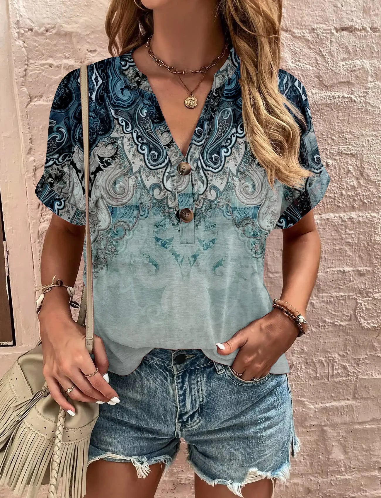 Boho Print V-Neck Shirt