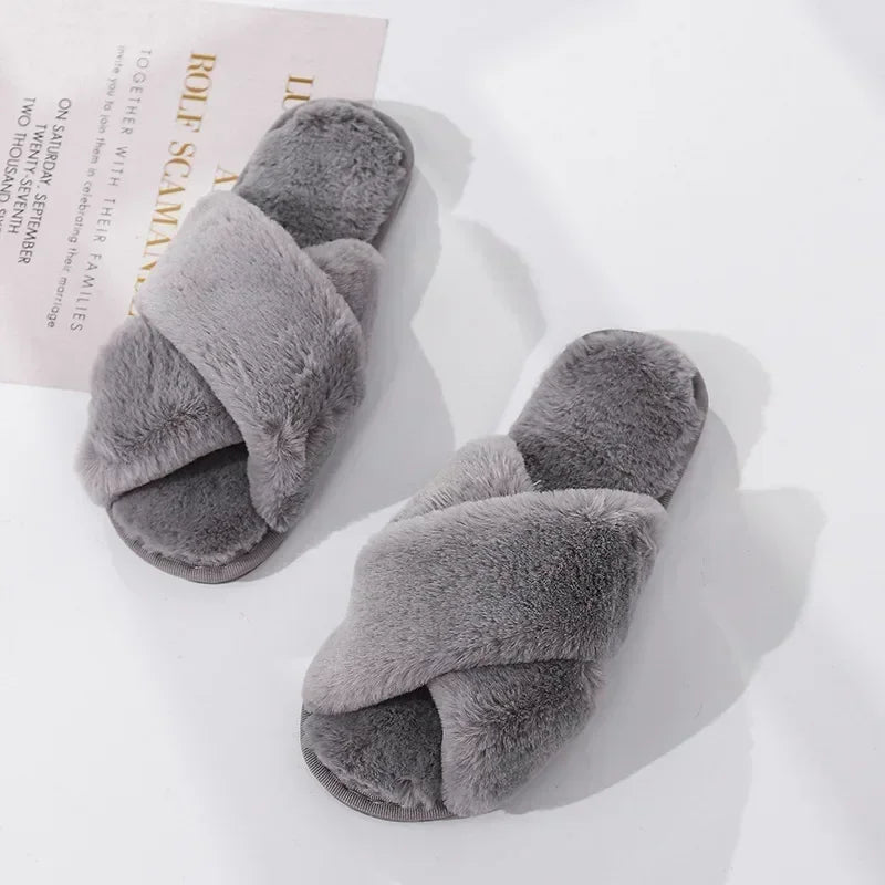 Women’s Winter Faux Fur House Slippers – Cozy Slip-On Flats, Warm Indoor Slides in Black & Pink